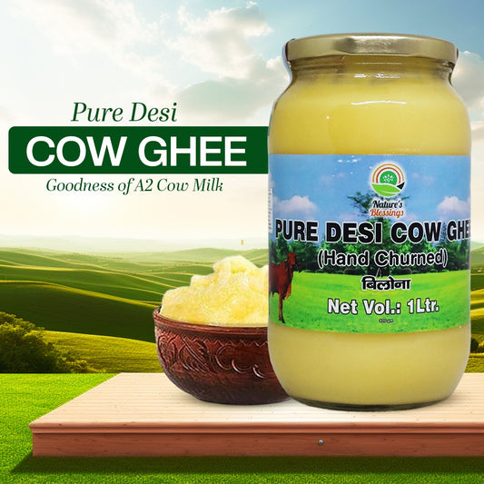  Golden A2 cow ghee in a jar, symbolizing purity and rich flavor, made from desi cow milk, ideal for cooking and Ayurveda.