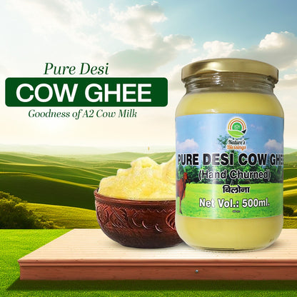  Golden A2 cow ghee in a jar, symbolizing purity and rich flavor, made from desi cow milk, ideal for cooking and Ayurveda."