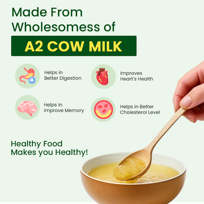  Golden A2 cow ghee in a jar, symbolizing purity and rich flavor, made from desi cow milk, ideal for cooking and Ayurveda."